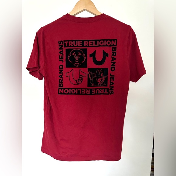 True Religion Brand Jeans Men’s Sz Small Burgundy  T-Shirt Multi logo Buddha - Picture 2 of 6